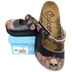 Calceo Skull Buckle Strap Slide Sock Sandal Women's 6.5